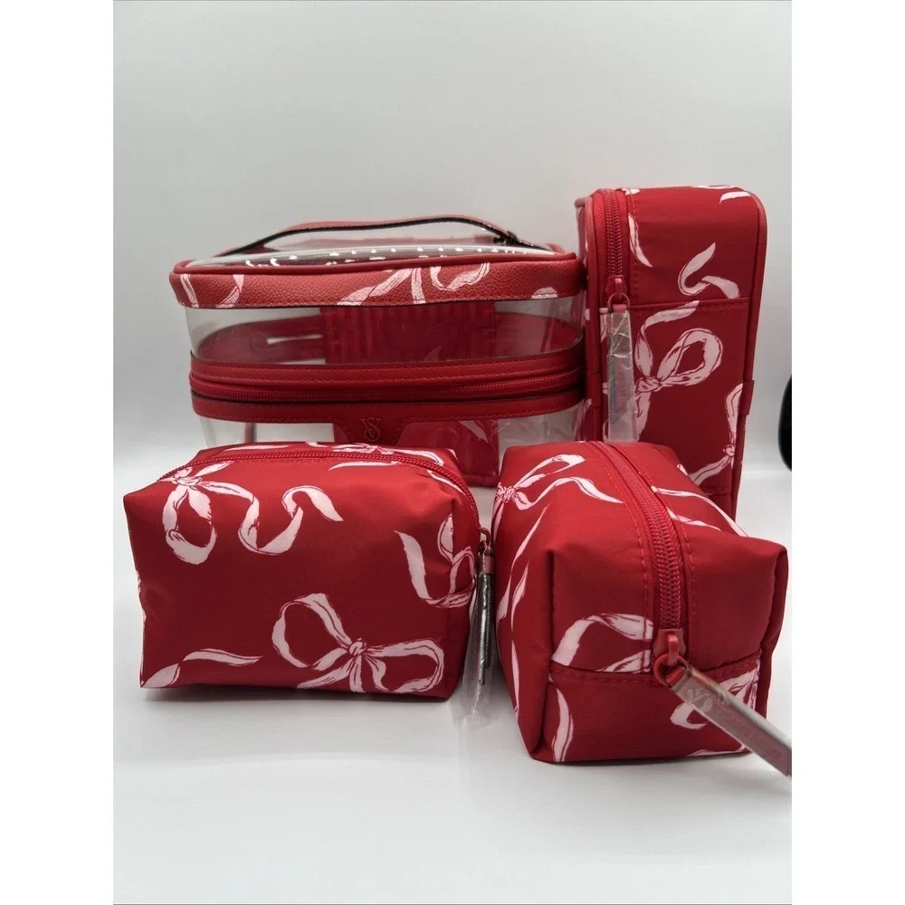 Victoria's Secret Makeup Bag 4 Pcs Red White Bows Train Case New With Tags